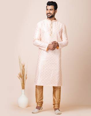 Cream designer festive wear jacquard kurta-pajama 1