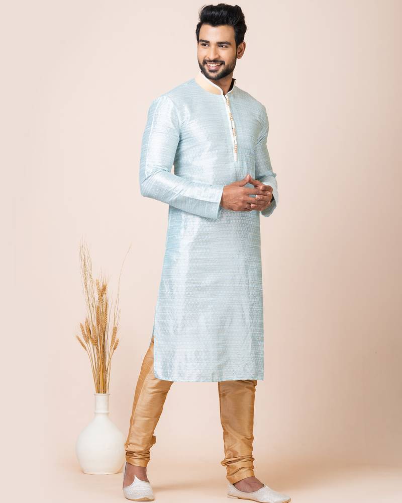 Sky blue designer festive wear jacquard kurta-pajama