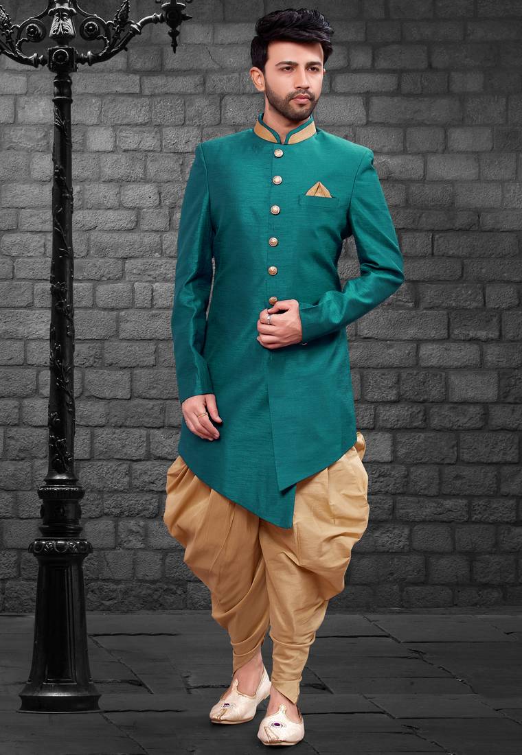 Green designer festive wear art dupion silk indo-western-dresses