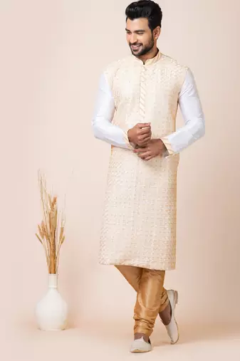 White designer festive wear banarasi kurta-pajama