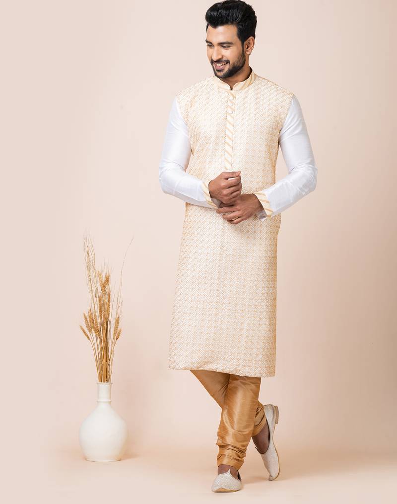 White designer festive wear banarasi kurta-pajama
