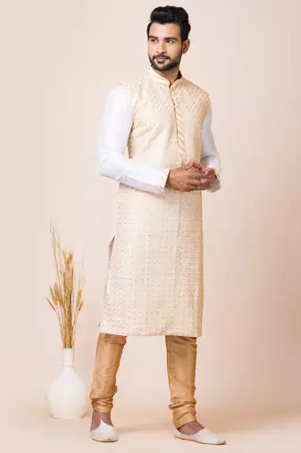 White designer festive wear banarasi kurta-pajama