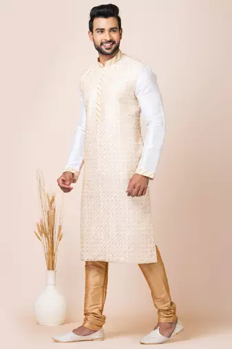 White designer festive wear banarasi kurta-pajama