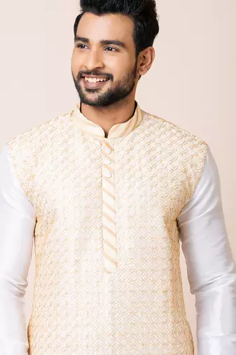 White designer festive wear banarasi kurta-pajama