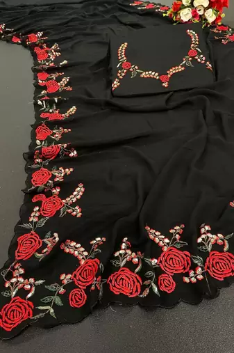 Black Color Embroidery And Sequins Work Georgette Saree