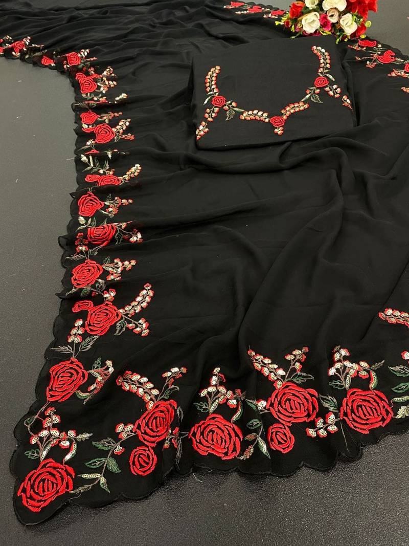 Black Color Embroidery And Sequins Work Georgette Saree