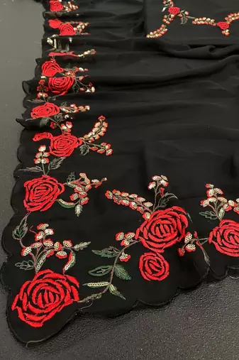 Black Color Embroidery And Sequins Work Georgette Saree