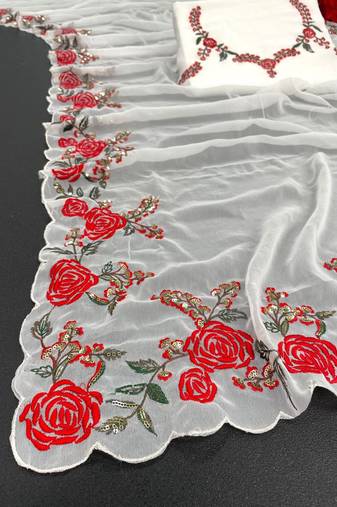 White Color Embroidery And Sequins Work Georgette Saree