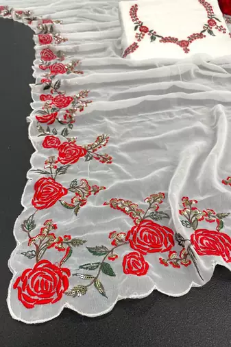 White Color Embroidery And Sequins Work Georgette Saree