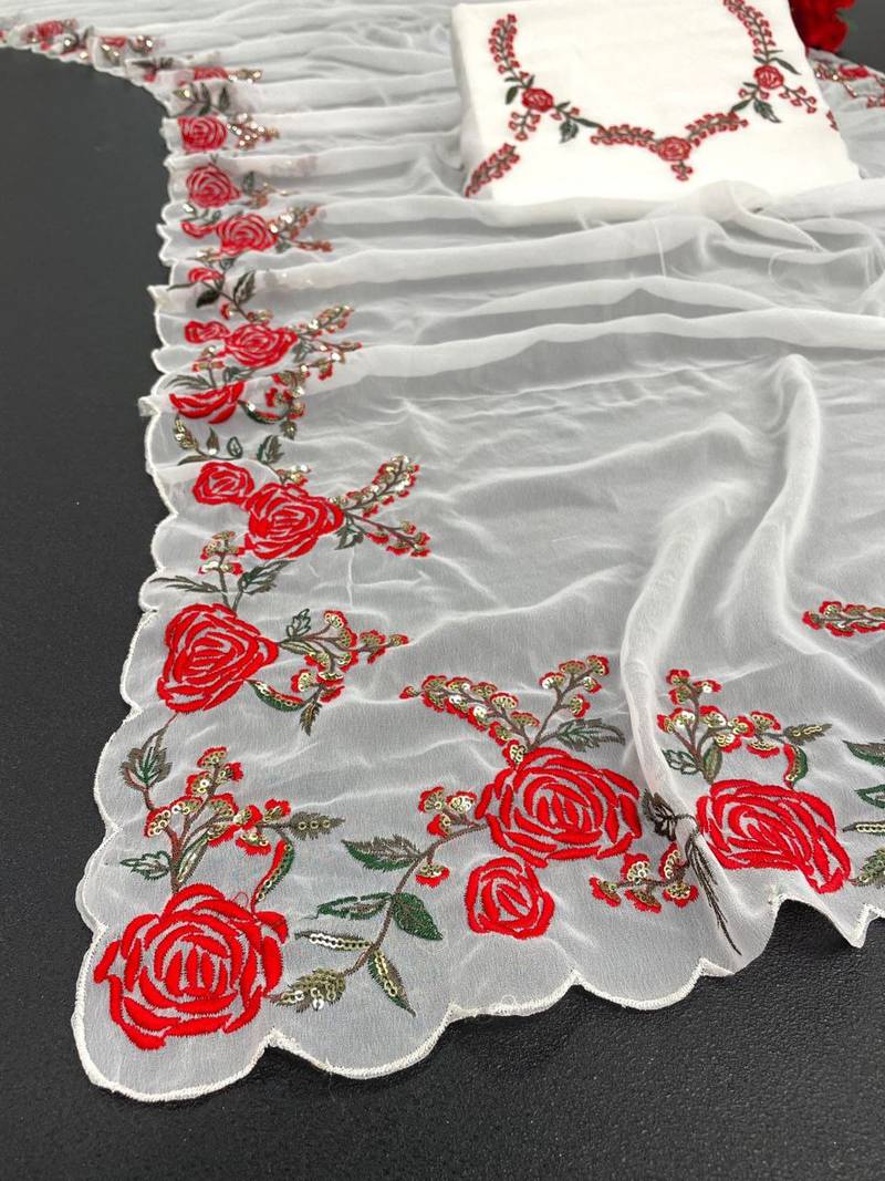 White Color Embroidery And Sequins Work Georgette Saree