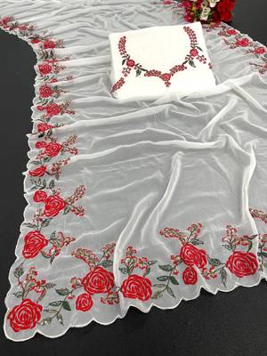 White Color Embroidery And Sequins Work Georgette Saree 3