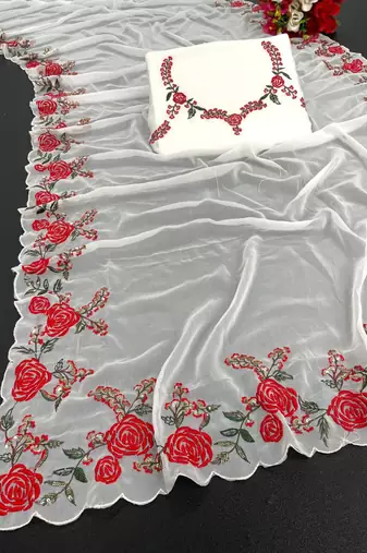 White Color Embroidery And Sequins Work Georgette Saree