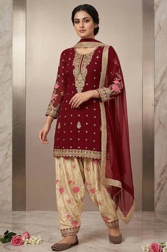 Red cream faux georgette exquisite embroidery patiala suit