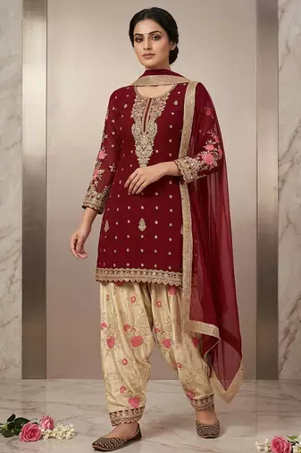 Red cream faux georgette exquisite embroidery patiala suit
