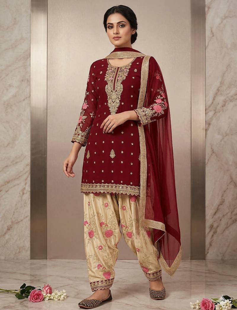 Red cream faux georgette exquisite embroidery patiala suit