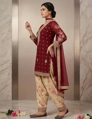 Red cream faux georgette exquisite embroidery patiala suit 2