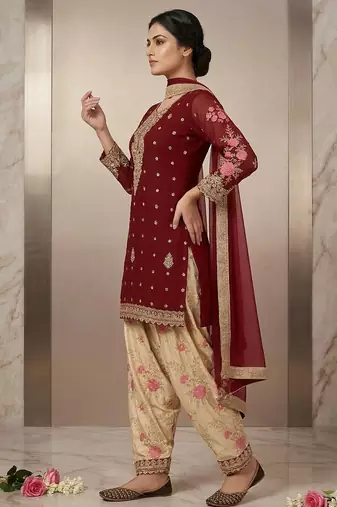 Red cream faux georgette exquisite embroidery patiala suit