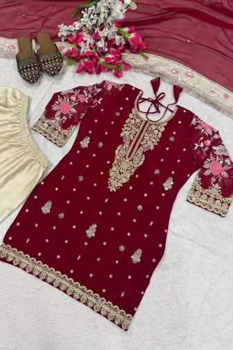 Red cream faux georgette exquisite embroidery patiala suit