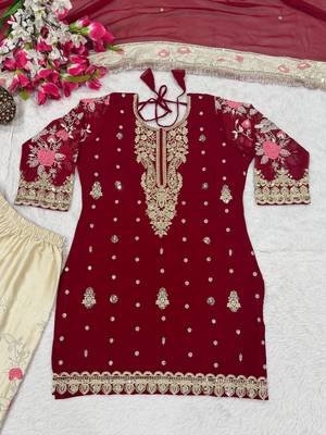 Red cream faux georgette exquisite embroidery patiala suit 5