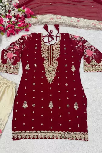 Red cream faux georgette exquisite embroidery patiala suit