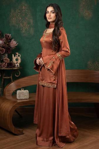 brown silk ethnic suit set for women