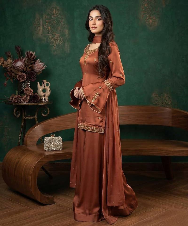 brown silk ethnic suit set for women
