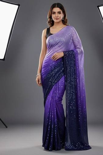 Purple Color Digital Print And Heavy Sequins Work Silk Saree