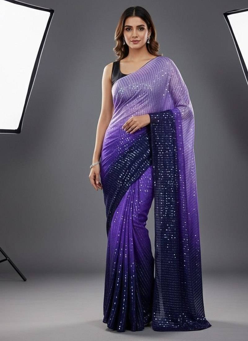 Purple Color Digital Print And Heavy Sequins Work Silk Saree