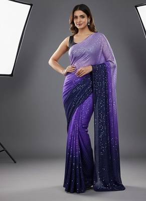 Purple Color Digital Print And Heavy Sequins Work art silk saree 2