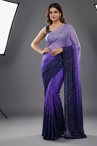 Purple Color Digital Print And Heavy Sequins Work art silk saree