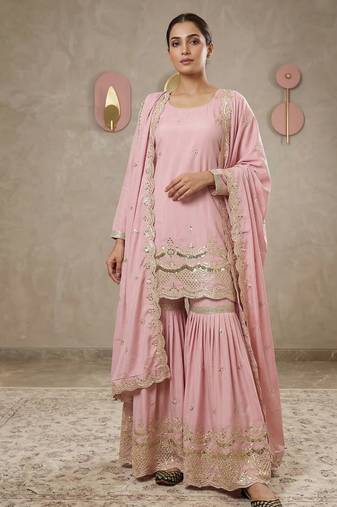 Pink silk sequence sharara suits