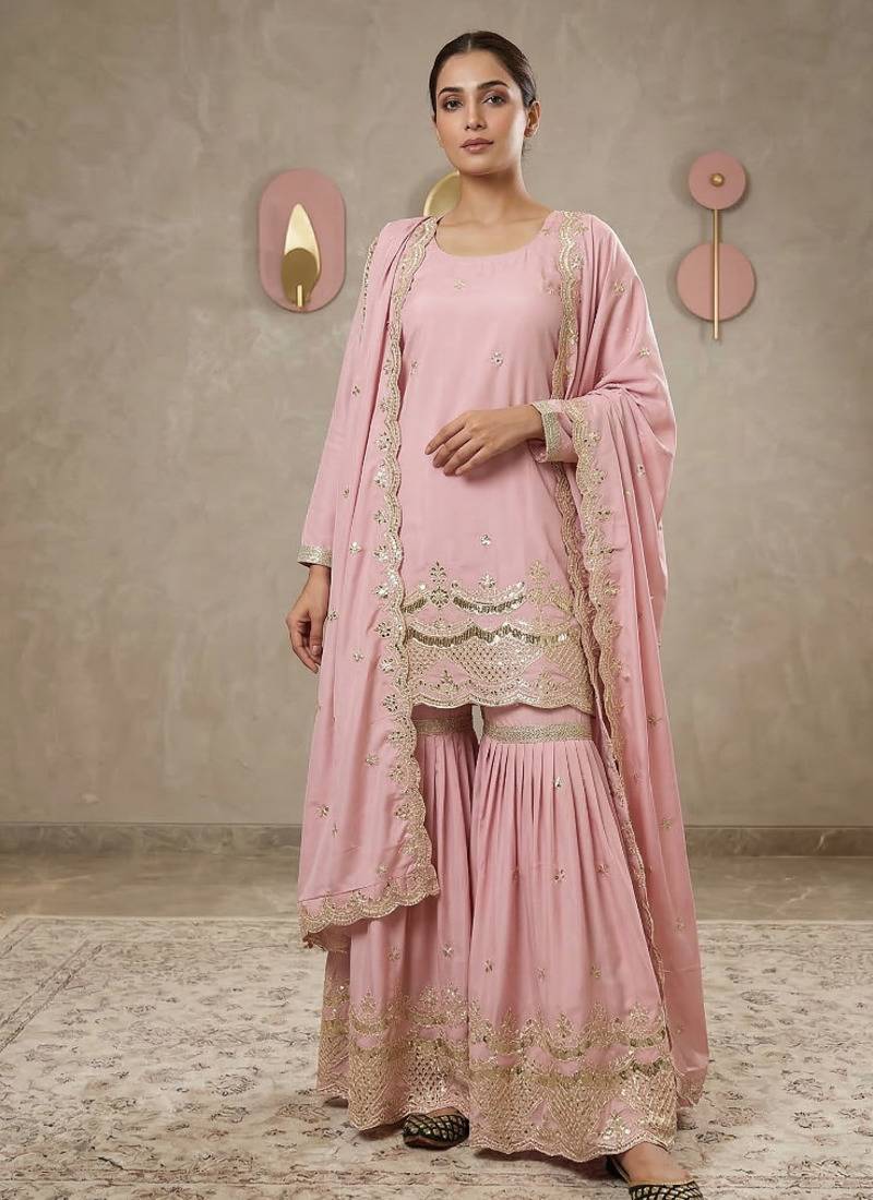 Pink silk sequence sharara suits