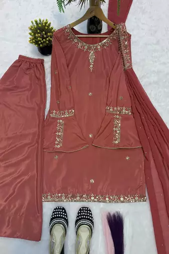 brown silk ethnic suit set for women