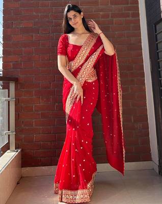 Red Color Sequance and Dori Embroidery Work georgettete Saree 1
