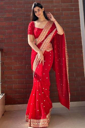 Red Color Sequance and Dori Embroidery Work Georgette Saree