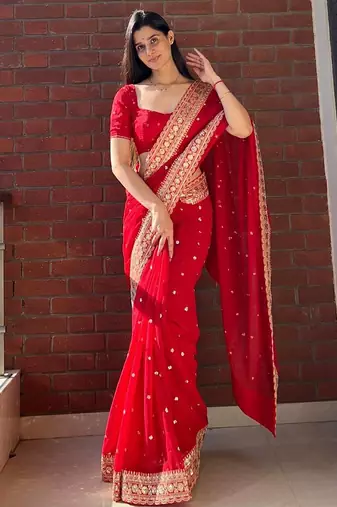 Red Color Sequance and Dori Embroidery Work Georgette Saree