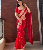 Red Color Sequance and Dori Embroidery Work Georgette Saree