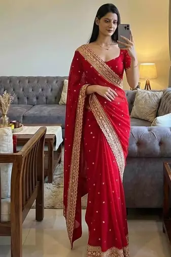 Red Color Sequance and Dori Embroidery Work Georgette Saree