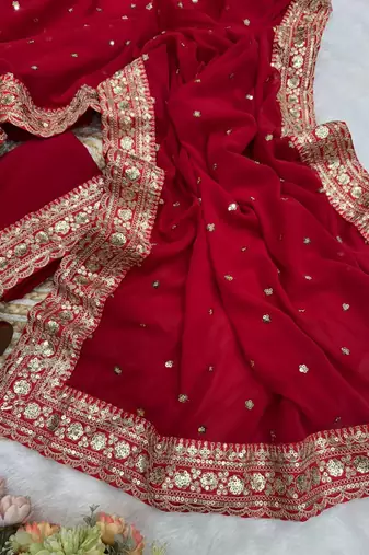 Red Color Sequance and Dori Embroidery Work Georgette Saree