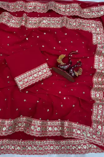 Red Color Sequance and Dori Embroidery Work Georgette Saree