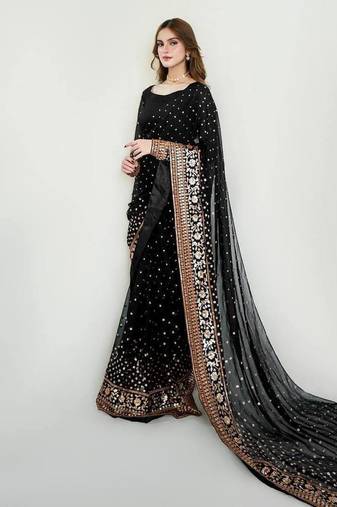 Black Color Sequins Embroidery Work Georgette Saree