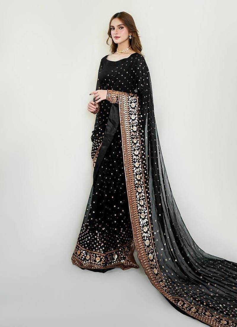 Black Color Sequins Embroidery Work Georgette Saree
