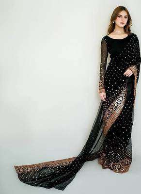 Black Color Sequins Embroidery Work Georgette Saree 2