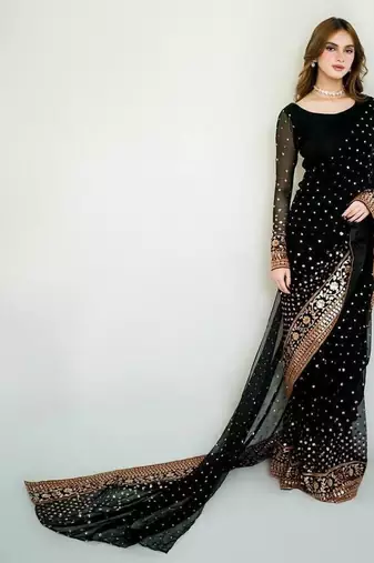 Black Color Sequins Embroidery Work Georgette Saree