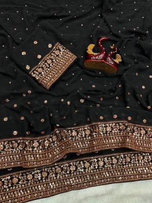 Black Color Sequins Embroidery Work Georgette Saree 3