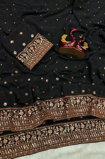 Black Color Sequins Embroidery Work Georgette Saree