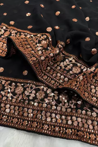 Black Color Sequins Embroidery Work Georgette Saree