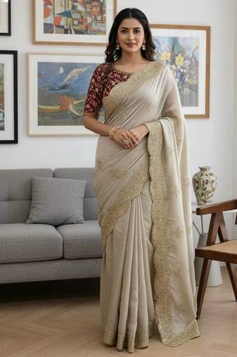 Off White Color Sequance and Zari Embroidery Work rangoli silk Saree