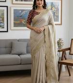 Off White Color Sequance and Zari Embroidery Work rangoli silk Saree