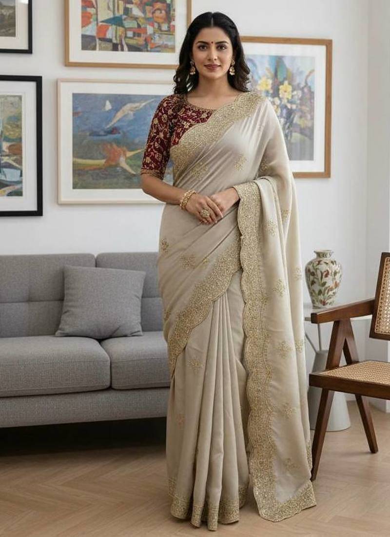 Off White Color Sequance and Zari Embroidery Work rangoli silk Saree